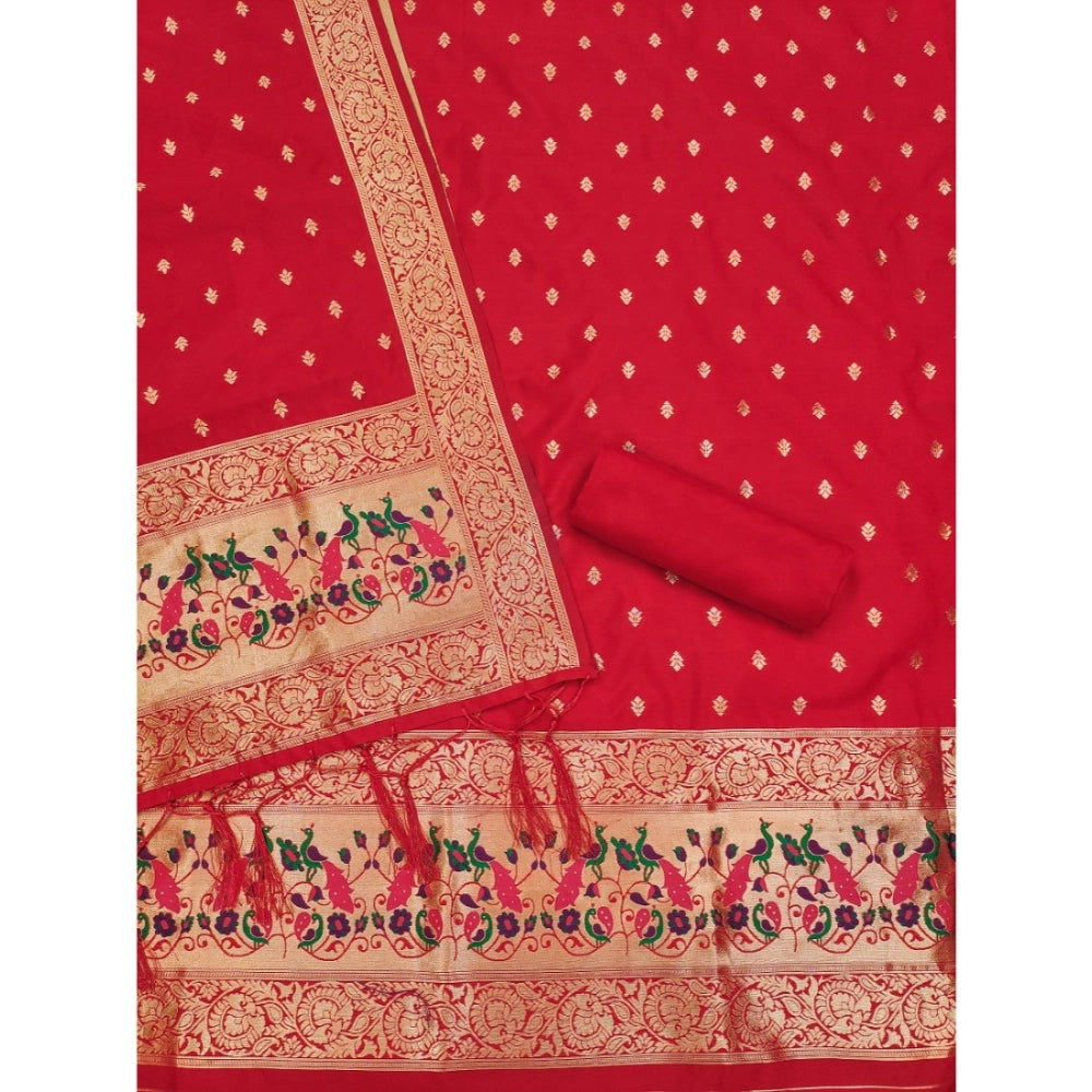 Red Banarasi Silk printed unstitched salwar suit with dupatta (3m) on mannequin