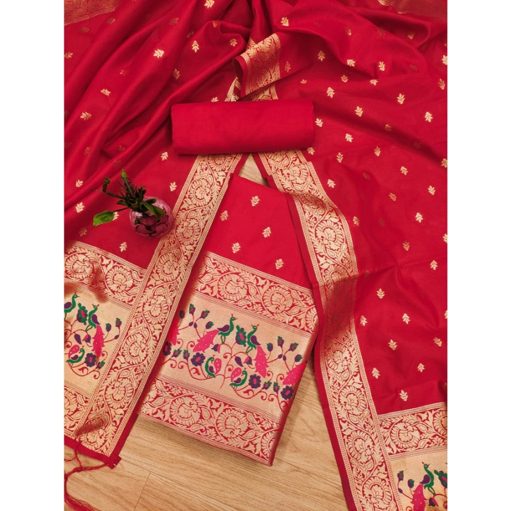 Red Banarasi silk printed unstitched salwar suit with dupatta (3m), ideal for traditional Indian wear