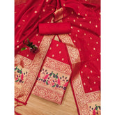 Red Banarasi silk printed unstitched salwar suit with dupatta (3m), ideal for traditional Indian wear