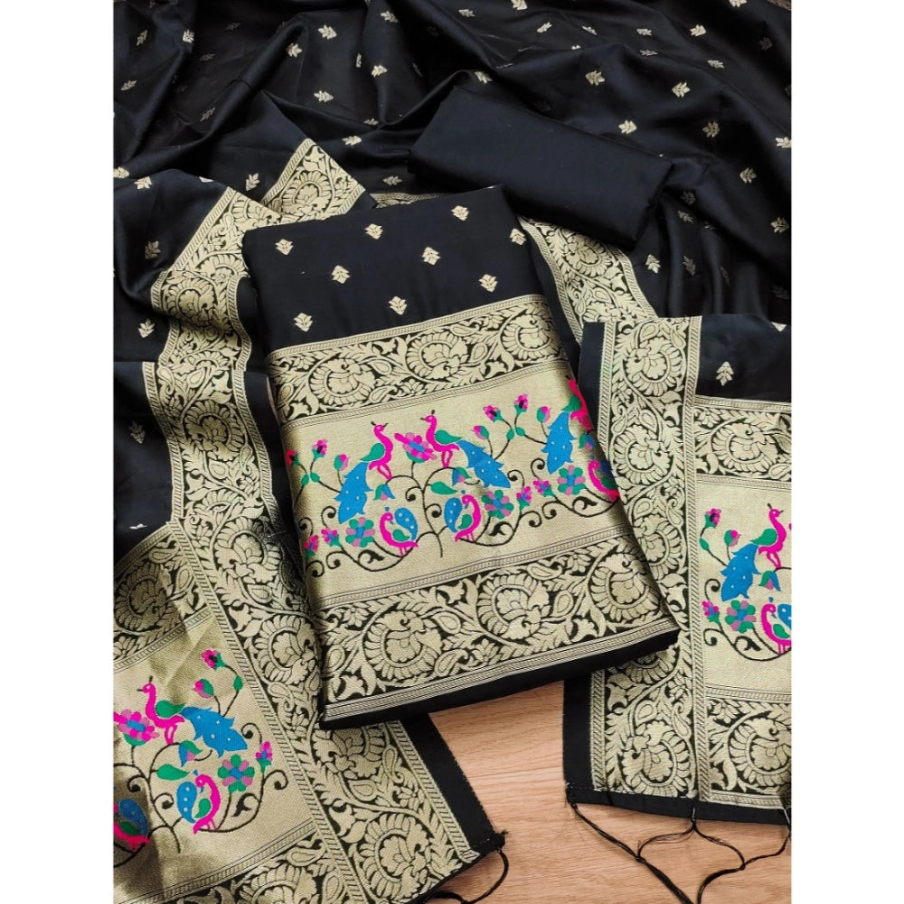 Black Banarasi Silk printed unstitched salwar suit with dupatta (3m), traditional Indian women's fashion accessory