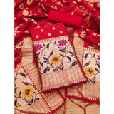 Red Banarasi silk printed unstitched salwar suit with dupatta (3m), traditional Indian women's outfit on mannequin