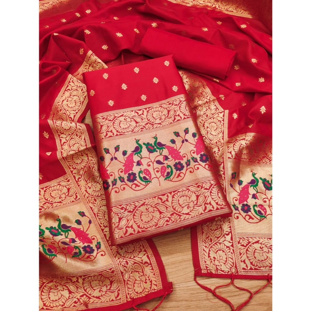 Red Banarasi silk printed unstitched salwar suit with dupatta (3m)