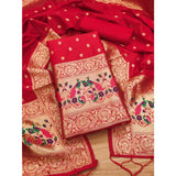 Red Banarasi silk printed unstitched salwar suit with dupatta (3m)