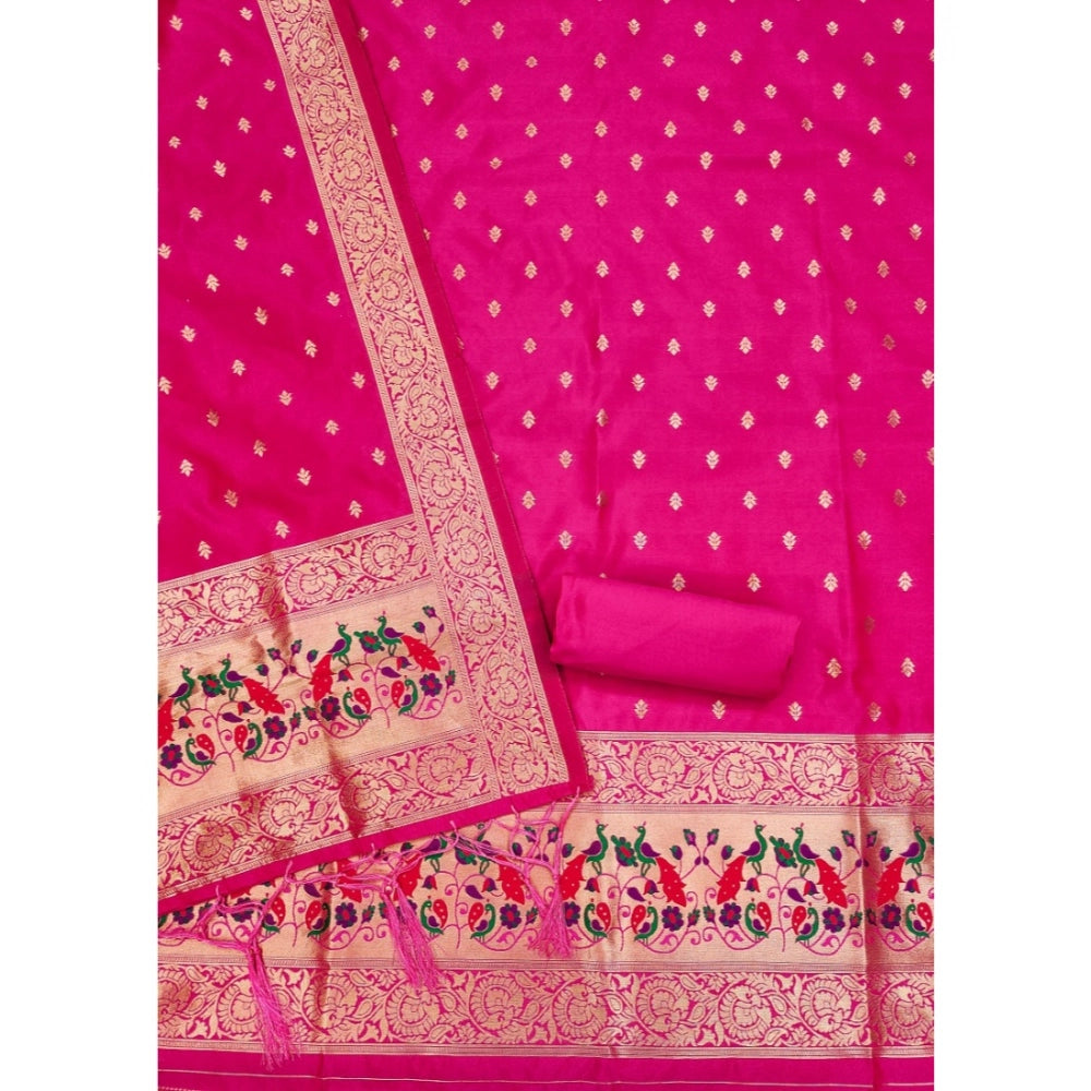 Pink Banarasi Silk printed unstitched salwar suit with dupatta (3m) on mannequin