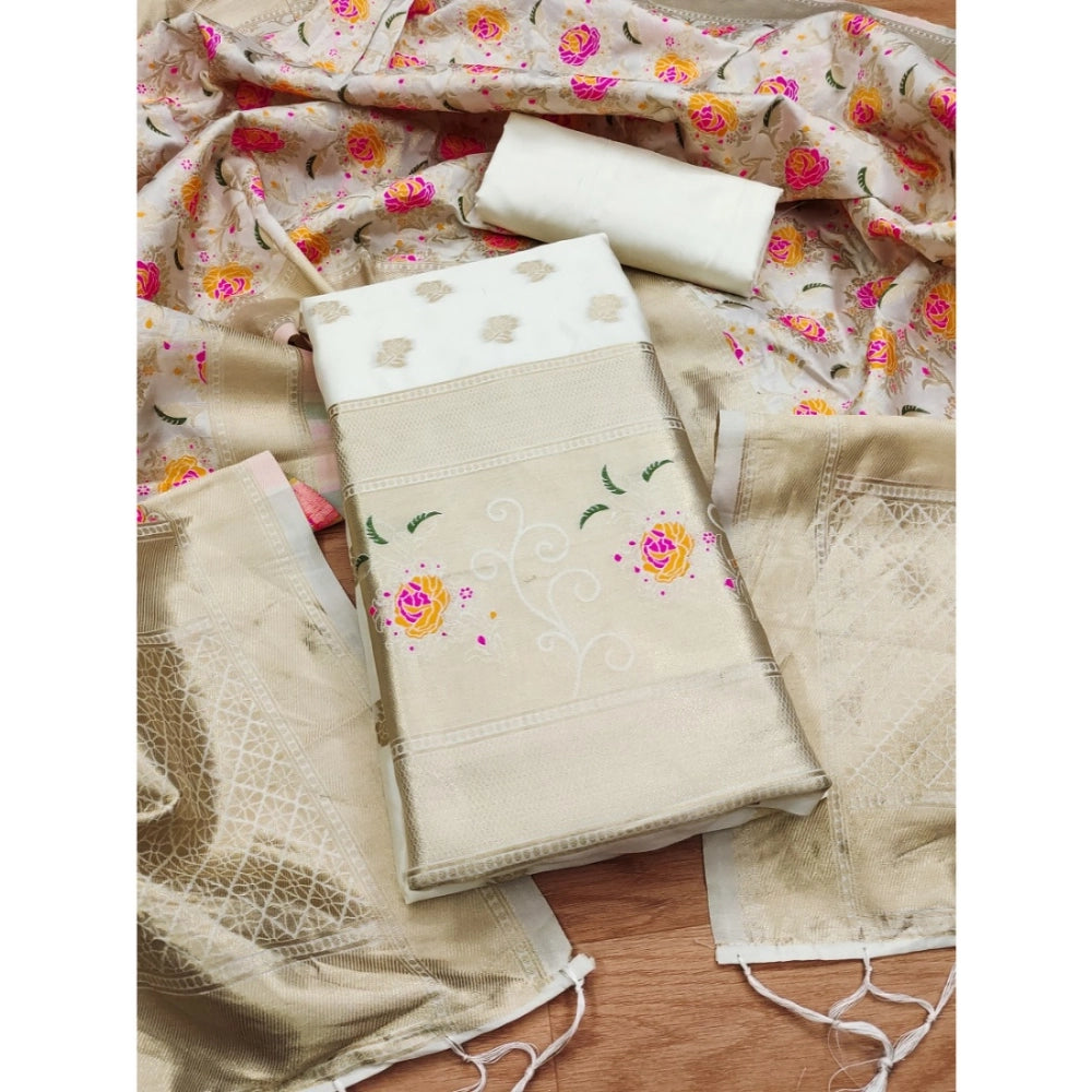 White Banarasi Silk printed unstitched salwar suit with dupatta (3m) on mannequin