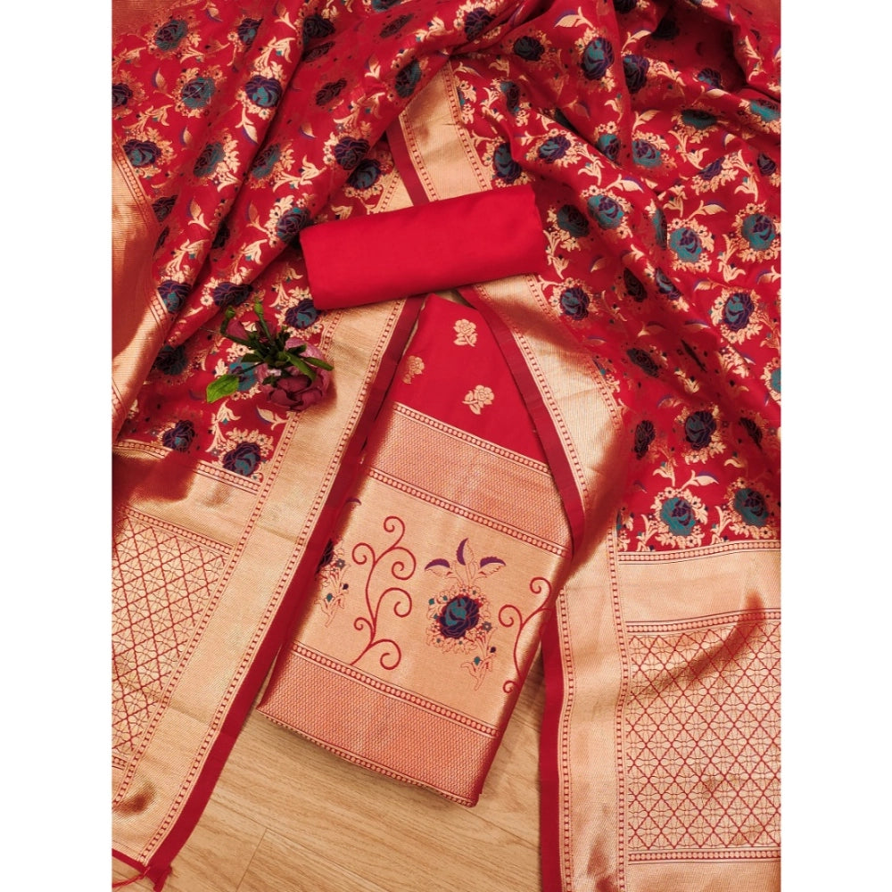 Red Banarasi silk printed unstitched salwar suit set with dupatta (3m)