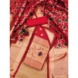 Red Banarasi Silk printed unstitched salwar suit with dupatta (3m) on mannequin
