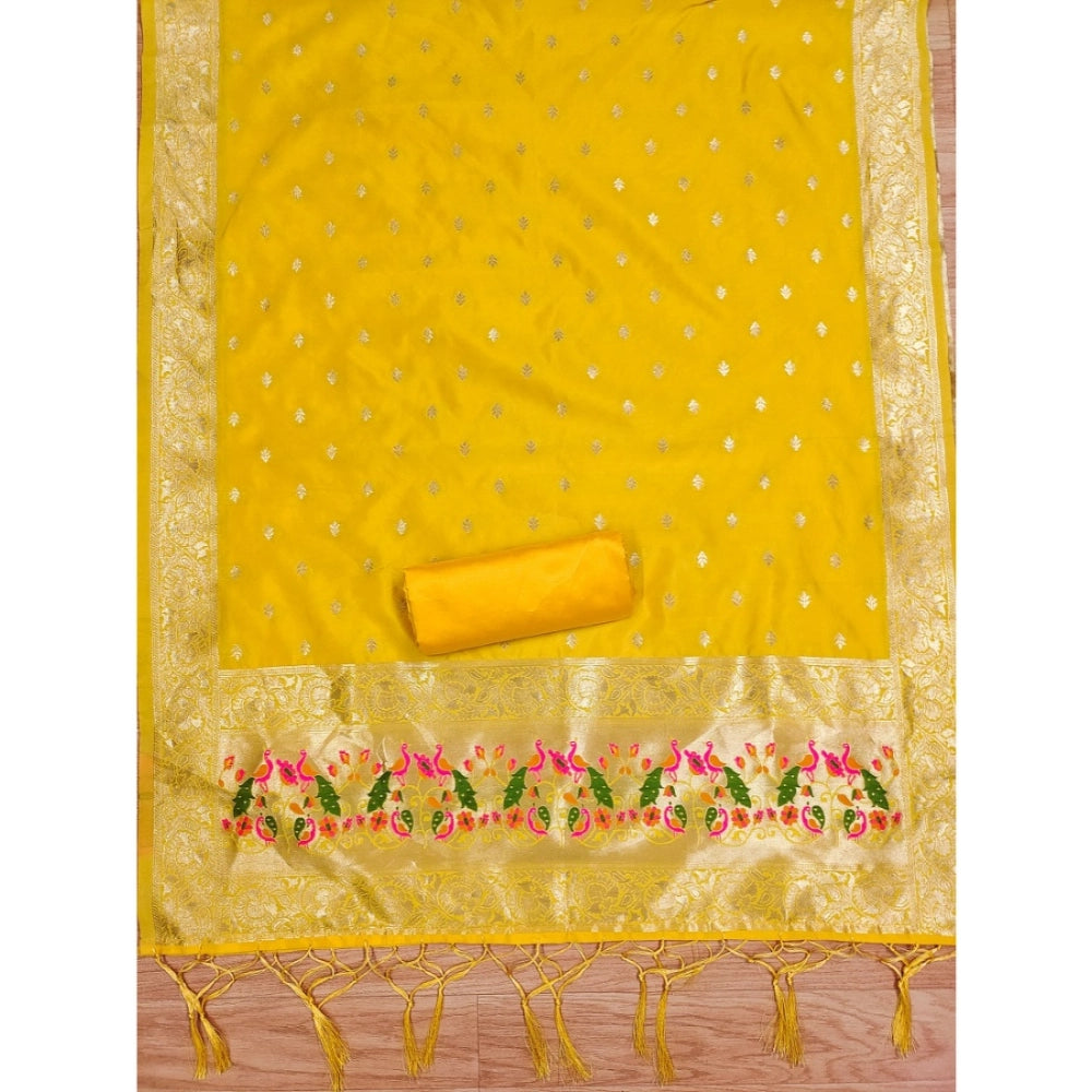 Yellow Banarasi silk printed unstitched salwar suit with dupatta (3m), perfect for traditional Indian festivities