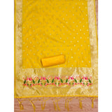 Yellow Banarasi silk printed unstitched salwar suit with dupatta (3m), perfect for traditional Indian festivities