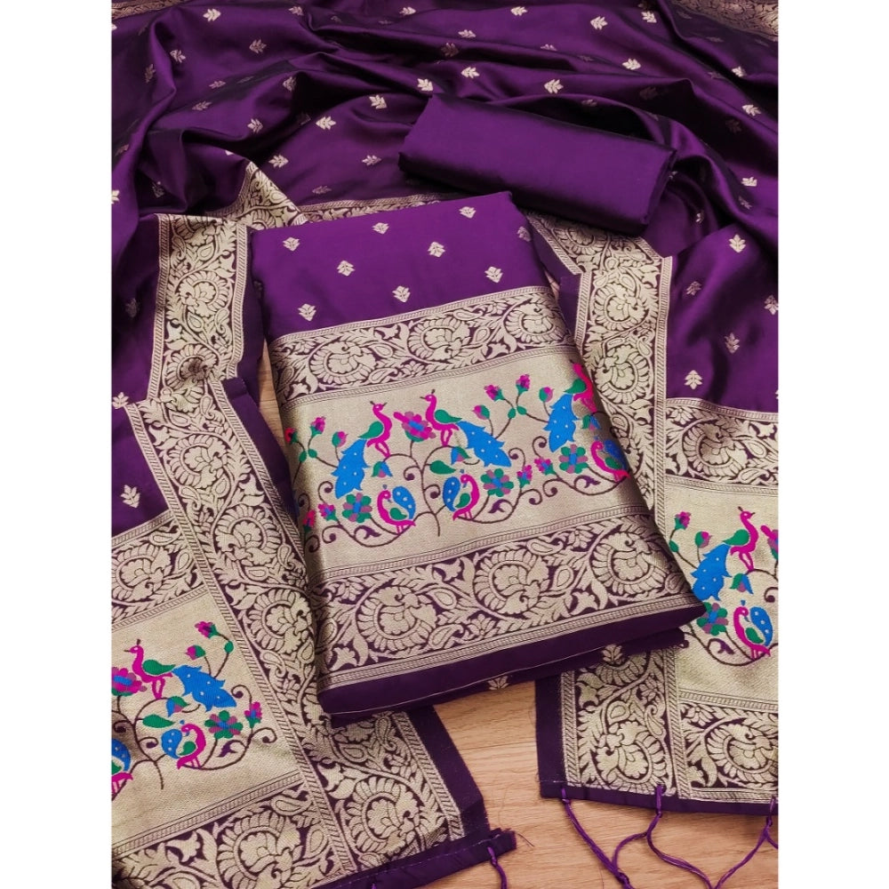 Purple Banarasi silk printed unstitched salwar suit with dupatta (3m), ideal for traditional Indian events