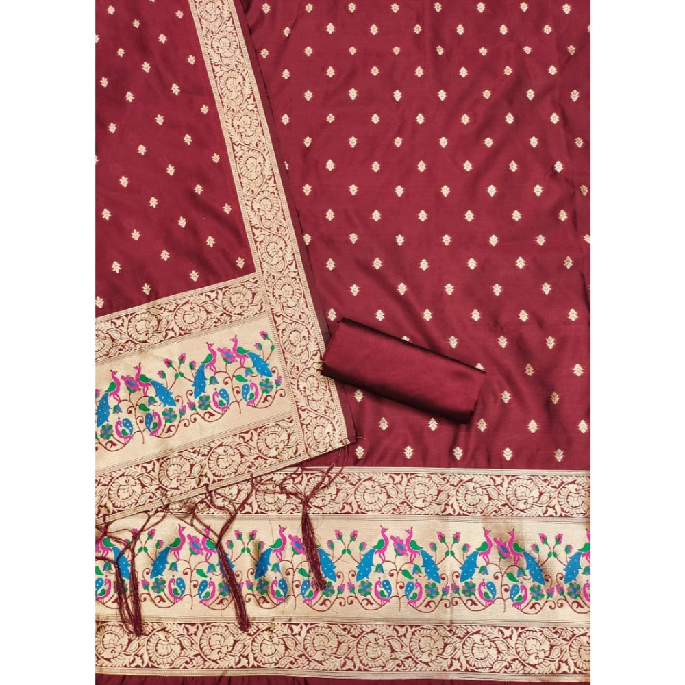 Maroon Banarasi silk printed unstitched salwar suit with dupatta (3m)