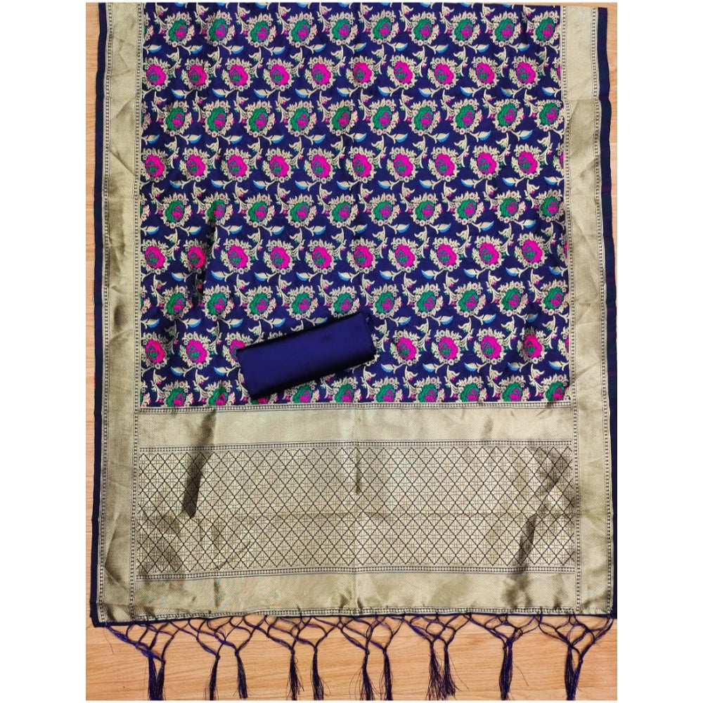 Navy Blue Banarasi Silk printed unstitched salwar suit with dupatta (3m) on mannequin