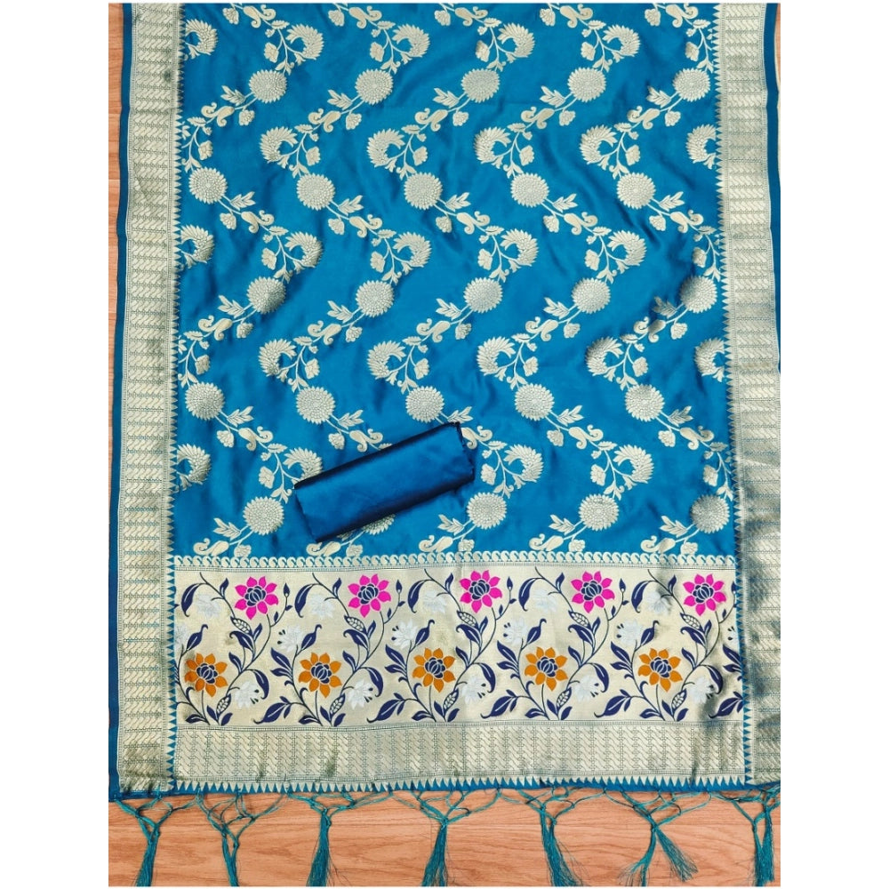 Blue Banarasi silk printed unstitched salwar suit with dupatta (3m)