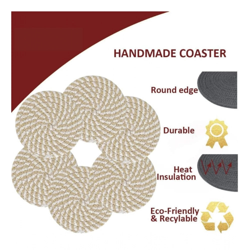 Beige white cotton rope drink coasters set, durable tea & coffee mats for stylish protection