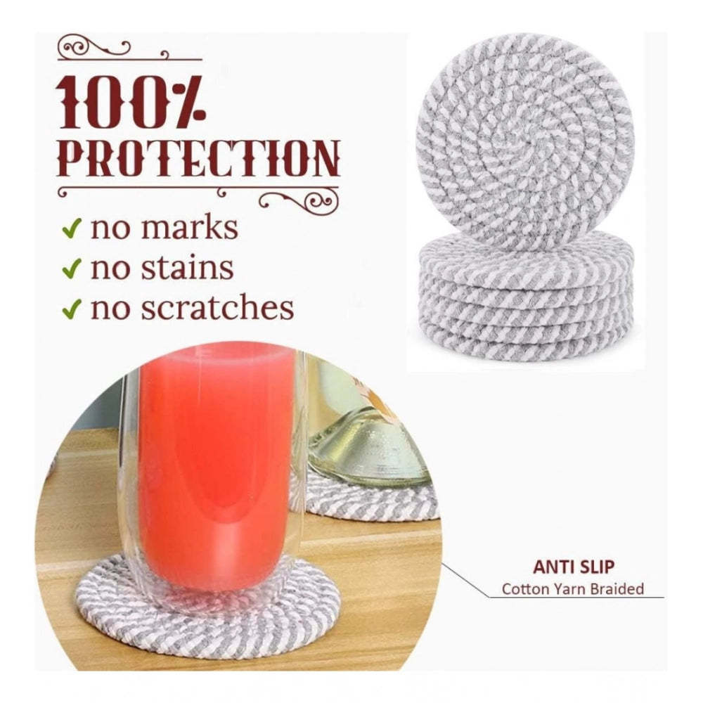 Grey White cotton drink coaster set, stylish multipurpose tea and coffee mats for cups and mugs (6 pcs)