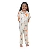 White silk bleand printed short sleeve night suit set for girls, featuring collar neck and ankle length with short sleeves