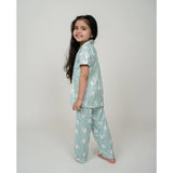 Light green silk bleand printed short sleeve night suit set for girls, collar neck type, ankle length, short sleeves