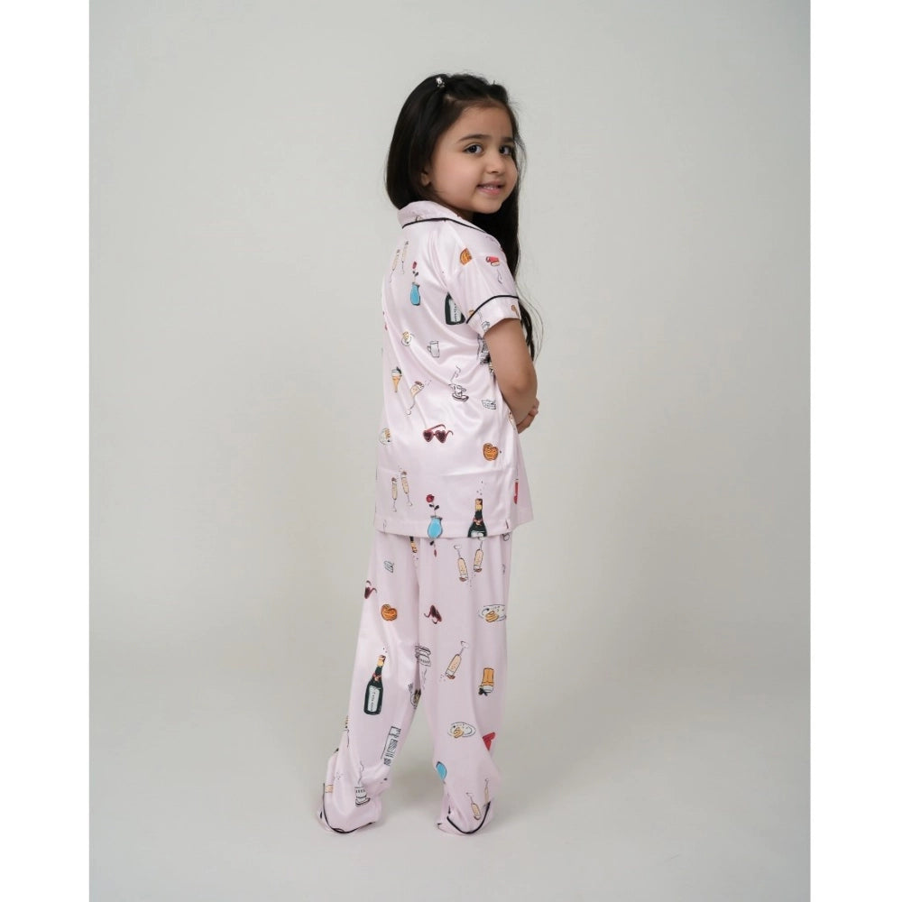 Light pink silk bleand printed short sleeve night suit set for girls, collar neck, ankle length sleeves