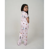 Girl's Silk Bleand Printed Short Sleeve Night Suit Set (Light Pink)