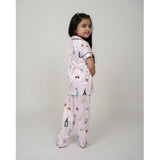 Light pink silk bleand printed short sleeve night suit set for girls, collar neck, ankle length sleeves
