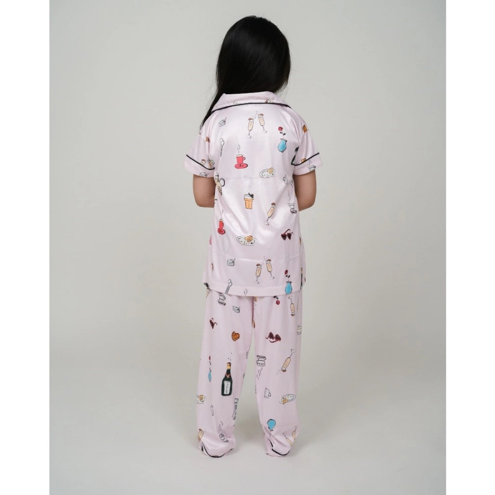 Light Pink silk bleand printed short sleeve night suit set for girls, collar neck, ankle length sleeves