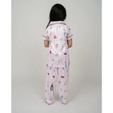 Light Pink silk bleand printed short sleeve night suit set for girls, collar neck, ankle length sleeves