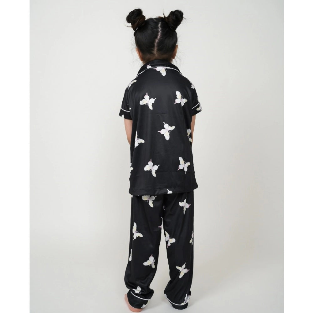 Black silk bleand printed short sleeve night suit set for girls with collar neck and ankle length sleeves
