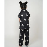 Black silk bleand printed short sleeve night suit set for girls with collar neck and ankle length sleeves
