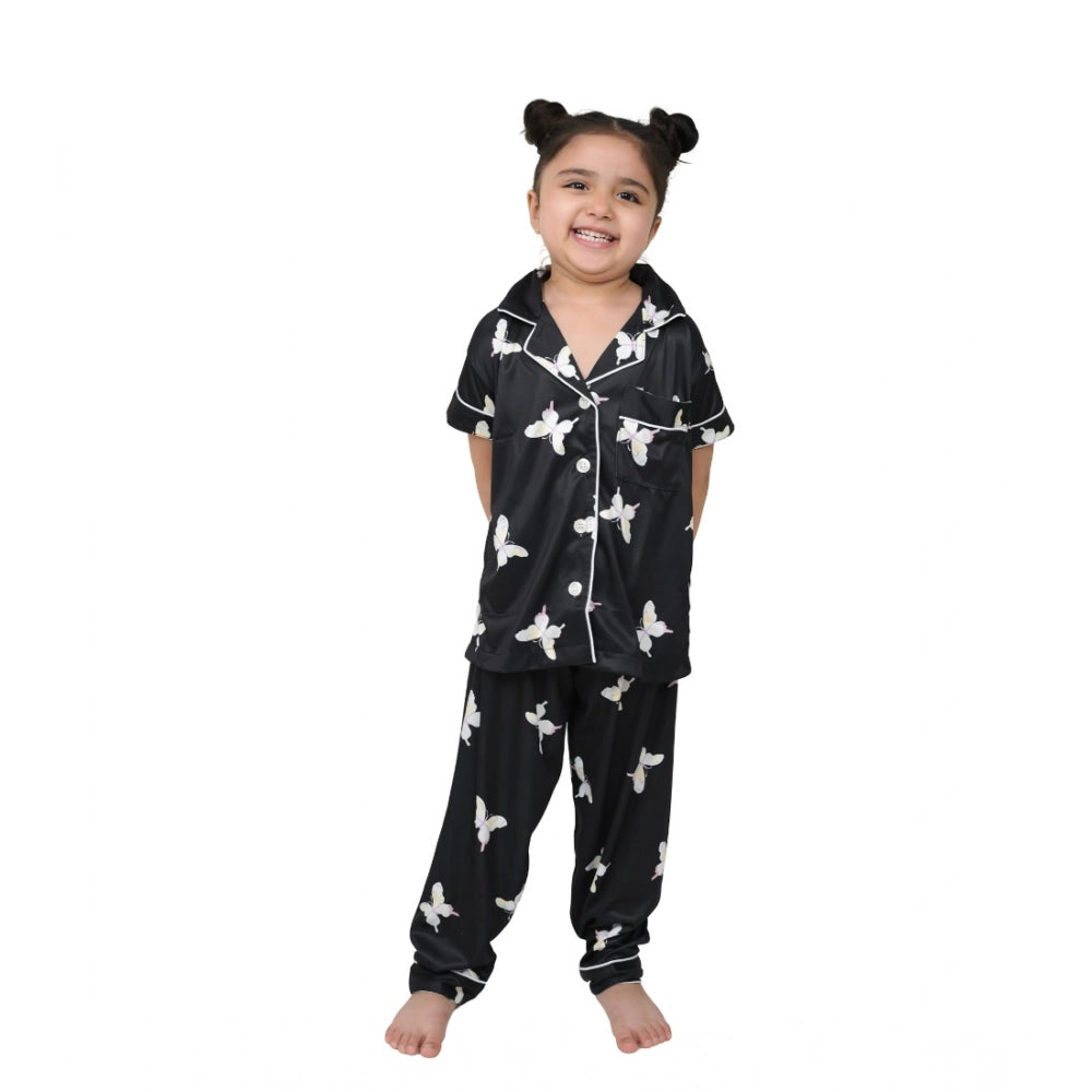 Black silk bleand printed short sleeve night suit set for girls on display