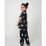 Black silk bleand printed short sleeve night suit set for girls, ankle length with collar neck, vibrant pattern detail