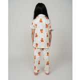 White silk bleand printed short sleeve night suit set for girls, collar and ankle length with short sleeves