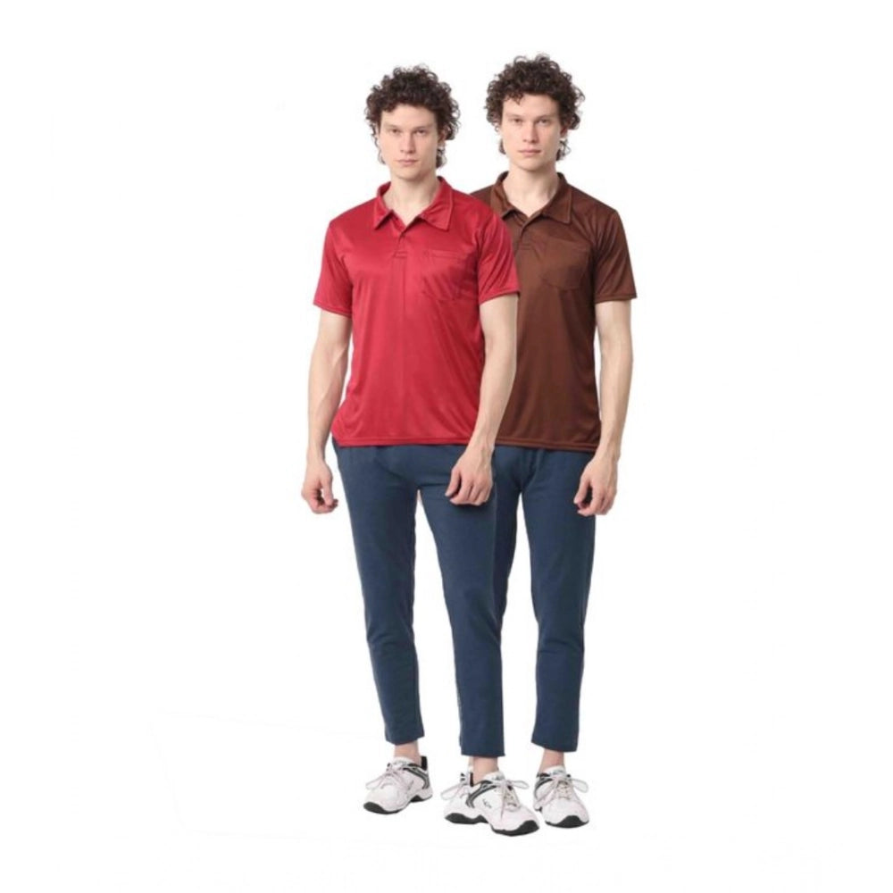 Men's multi-color cotton blend casual short sleeve t-shirts (pack of 2), solid pattern with collar neck