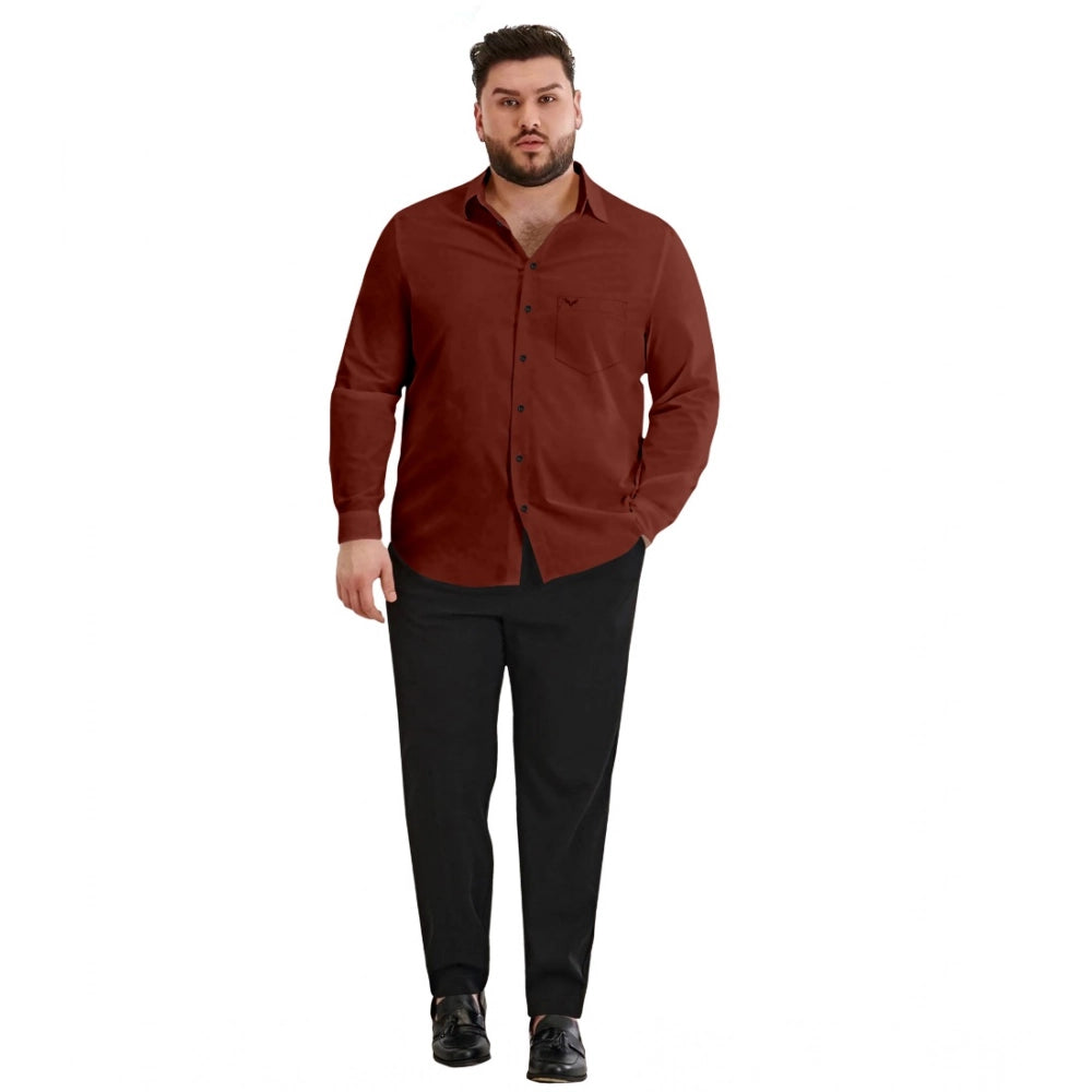 Men's maroon solid cotton casual shirt with full sleeves. Full-length view of a maroon men's dress shirt