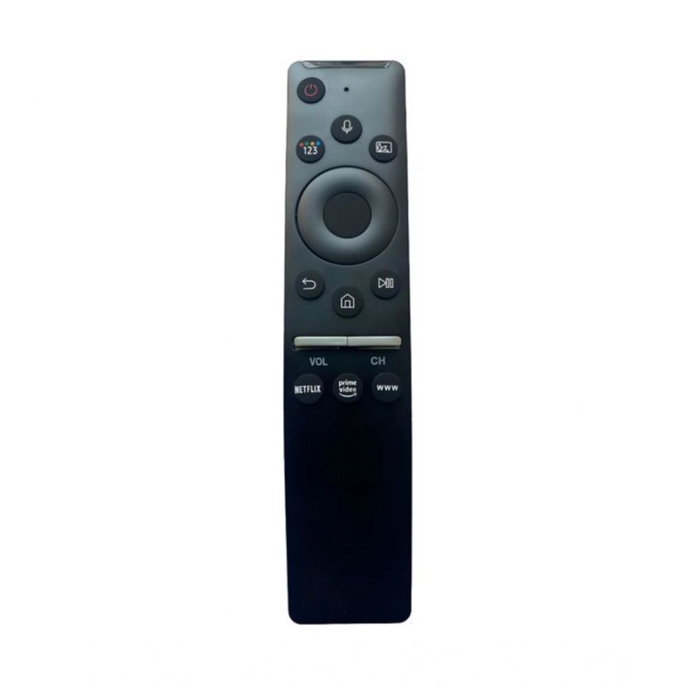 Black ergonomic remote control, compatible with Samsung Smart TV 4K Ultra HD LCD-LED models, offers long-range operation from sofa or bed