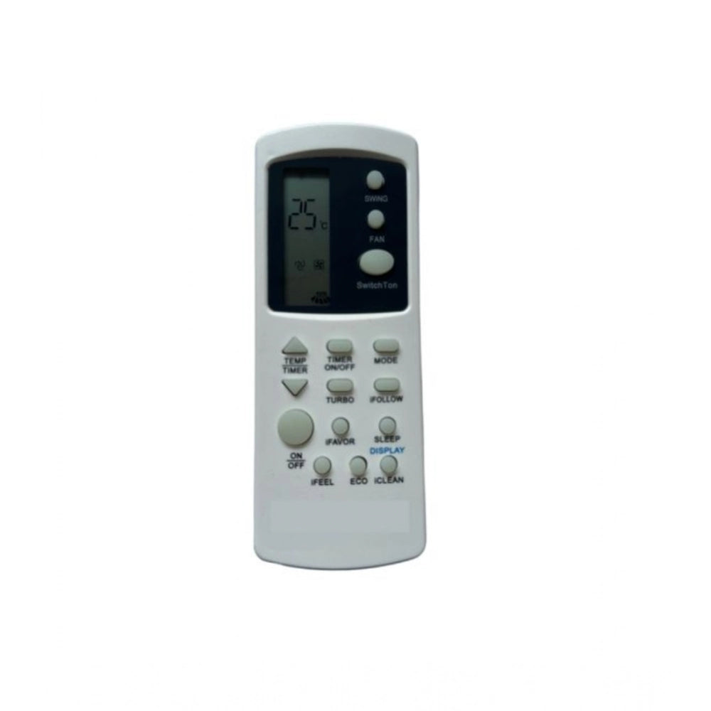 White ergonomic AC remote 31C compatible replacement for Kelvinator, offering long-range control from sofa or bed