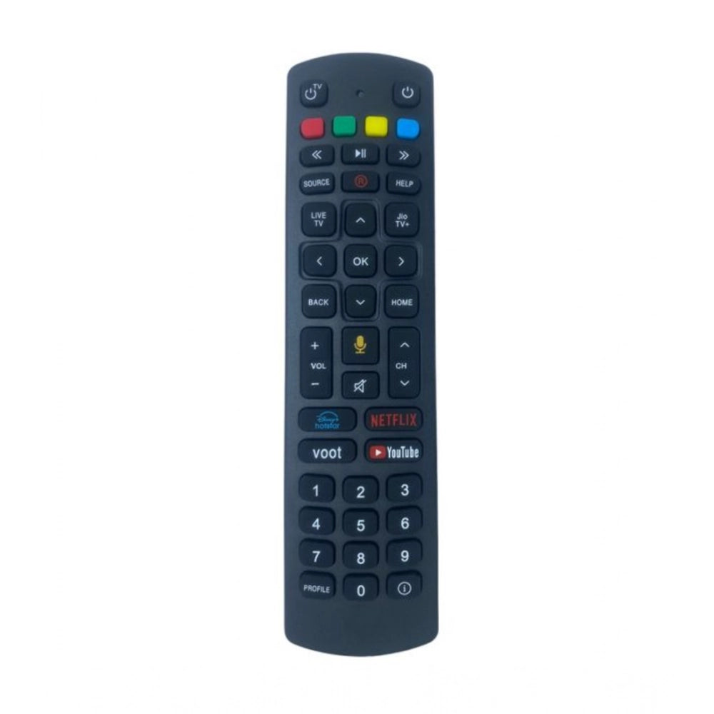 Black ergonomic remote control (No. 1096), compatible with Jio Fiber Set Top Box, offers long-distance operation for sofa, divan, or bed use, featuring YouTube functions