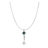 Silver plated stainless steel delicate key design chain for women, close-up view on black background