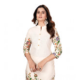 Cream cotton printed 3/4th sleeve kurti with pant for women, featuring a mandarin collar and below-knee length