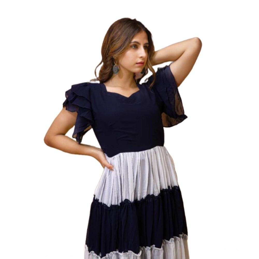Blue-White Georgette solid half sleeve gown on model, versatile full length gown for formal events