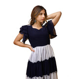 Blue-White Georgette solid half sleeve gown on model, versatile full length gown for formal events