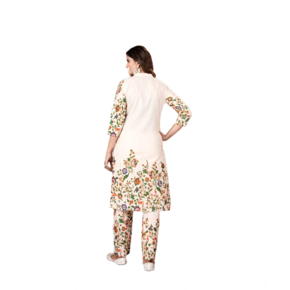 Cream cotton printed 3/4th sleeve kurti with pant for women, vibrant floral design on traditional style outfit