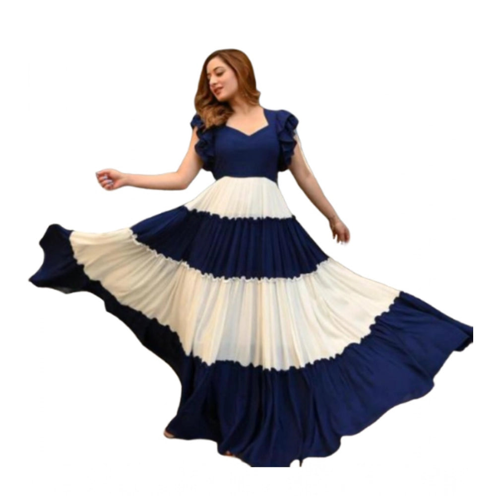 Blue-White Georgette women's half sleeve gown on mannequin with V neckline