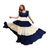 Blue-White Georgette women's half sleeve gown on mannequin with V neckline
