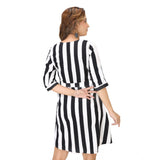Black-white striped crepe short sleeve dress for women, round neck, above knee length