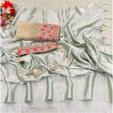 Offwhite satin solid saree with unstitched blouse (5-5 mtrs), perfect for traditional women's fashion