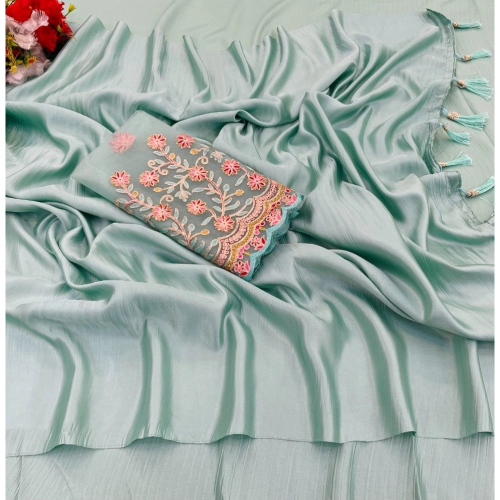 Skyblue satin saree with unstitched blouse (5m), elegant women's traditional wear