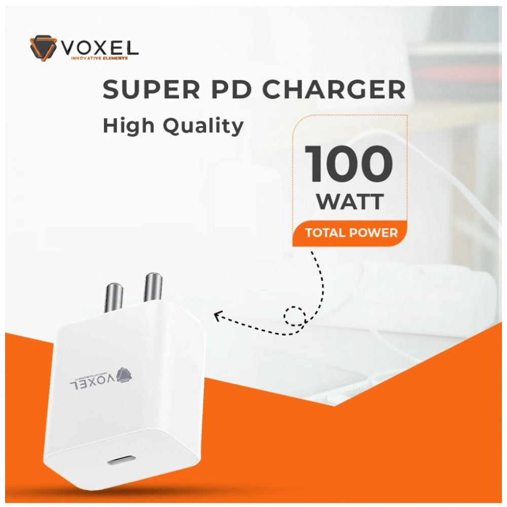 VOXEL 100W 'C' Port PD Fast Charger, white AB plastic, compact & lightweight for travel