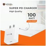 VOXEL 100W 'C' Port PD Fast Charger, white AB plastic, compact & lightweight for travel