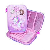 Multicolor plastic unicorn embossed pencil pouch for kids, fun stationery box with embellished cover