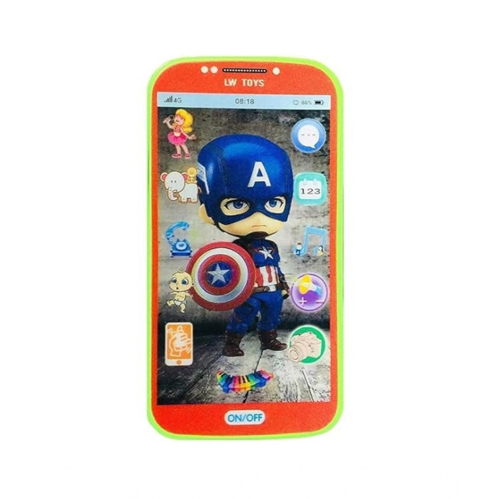Multicolor plastic toy mobile phone with touch screen and multiple sound effects, close-up view on display